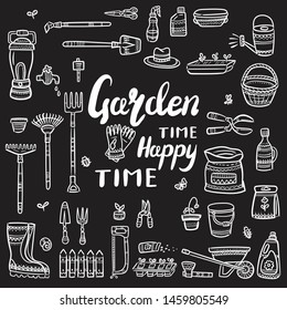 Hand drawn doodle set of gardening icons. Vector illustrations set. Cartoon garden symbols. Sketch elements collection: shovel, fork, rake, truck, wheelbarrow, boots, gloves on blackboard background