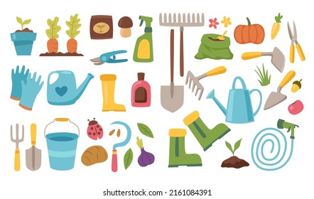 Hand drawn doodle set of Gardening icons Elements Tools or Equipments, Vector illustration set. scissors, boots, hedge, shears, hedge shears, fork, rake, grass, watering can, wheelbarrow.