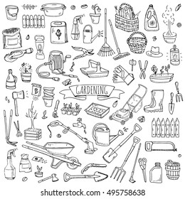 Hand drawn doodle set of Gardening icons. Vector illustration set. Cartoon Garden symbols. Sketchy elements collection: lawnmower, trimmer, spade, fork, rake, hoe, trug, wheelbarrow, hose reel.