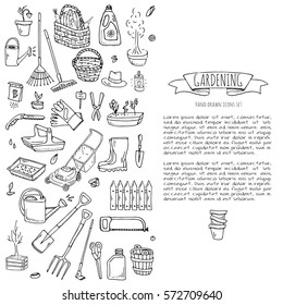 Hand drawn doodle set of Gardening icons. Vector illustration set. Cartoon Garden symbols. Sketchy elements collection: lawnmower, trimmer, spade, fork, rake, hoe, trug, wheelbarrow, hose reel.