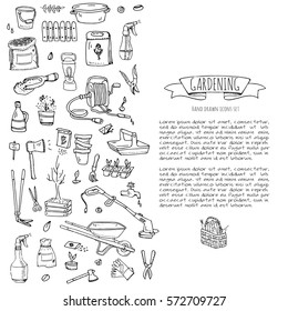 Hand drawn doodle set of Gardening icons. Vector illustration set. Cartoon Garden symbols. Sketchy elements collection: lawnmower, trimmer, spade, fork, rake, hoe, trug, wheelbarrow, hose reel.