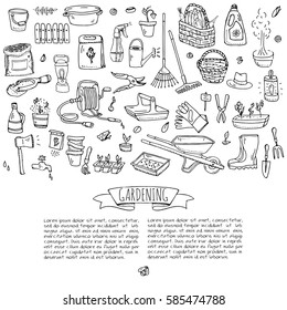 Hand Drawn Doodle Set Of Gardening Icons. Vector Illustration Set. Cartoon Garden Symbols. Sketchy Elements Collection: Lawnmower, Trimmer, Spade, Fork, Rake, Hoe, Trug, Wheelbarrow, Hose Reel.