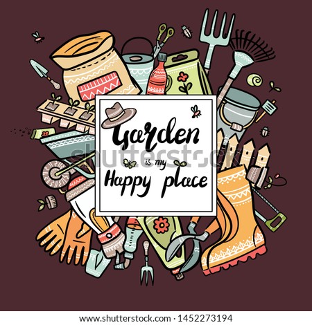 Hand drawn doodle set of gardening icons. Vector illustrations set. Cartoon garden symbols. Sketch elements collection: shovel, fork, rake, hoe, truck, wheelbarrow, boots, gloves, arstenia, seeds, bot
