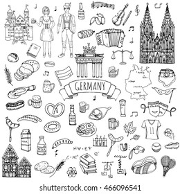 Hand drawn doodle set of Germany icons. Vector illustration set. Cartoon German landmark. Sketchy Europe travel elements collection: Sausage, Beer, Wheat bread, football, tennis, classic music, castle