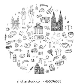 Hand drawn doodle set of Germany icons. Vector illustration set. Cartoon German landmark. Sketchy Europe travel elements collection: Sausage, Beer, Wheat bread, football, tennis, classic music, castle