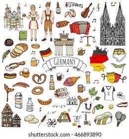 Hand drawn doodle set of Germany icons. Vector illustration set. Cartoon German landmark. Sketchy Europe travel elements collection: Sausage, Beer, Wheat bread, football, tennis, classic music, castle