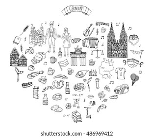 Hand drawn doodle set of Germany icons. Vector illustration set. Cartoon German landmark. Sketchy Europe travel elements collection: Sausage, Beer, Wheat bread, football, tennis, classic music, castle