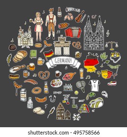 Hand drawn doodle set of Germany patch icons. Vector illustration set. Cartoon German landmark. Sketchy Europe travel elements collection: Sausage Beer Wheat bread football tennis classic music castle