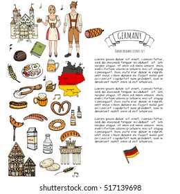 Hand drawn doodle set of Germany icons. Vector illustration set. Cartoon German landmark. Sketchy Europe travel elements collection: Sausage, Beer, Wheat bread, football, tennis, classic music, castle