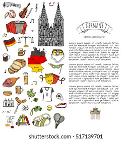 Hand drawn doodle set of Germany icons. Vector illustration set. Cartoon German landmark. Sketchy Europe travel elements collection: Sausage, Beer, Wheat bread, football, tennis, classic music, castle