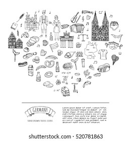 Hand drawn doodle set of Germany icons. Vector illustration set. Cartoon German landmark. Sketchy Europe travel elements collection: Sausage, Beer, Wheat bread, football, tennis, classic music, castle