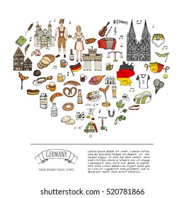 Hand drawn doodle set of Germany icons. Vector illustration set. Cartoon German landmark. Sketchy Europe travel elements collection: Sausage, Beer, Wheat bread, football, tennis, classic music, castle