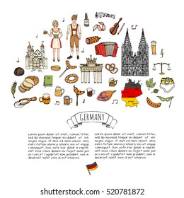 Hand drawn doodle set of Germany icons. Vector illustration set. Cartoon German landmark. Sketchy Europe travel elements collection: Sausage, Beer, Wheat bread, football, tennis, classic music, castle