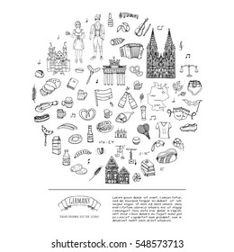 Hand drawn doodle set of Germany icons. Vector illustration set. Cartoon German landmark. Sketchy Europe travel elements collection: Sausage, Beer, Wheat bread, football, tennis, classic music, castle