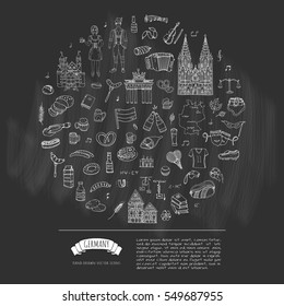 Hand drawn doodle set of Germany icons. Vector illustration set. Cartoon German landmark. Sketchy Europe travel elements collection: Sausage, Beer, Wheat bread, football, tennis, classic music, castle