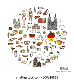 Hand drawn doodle set of Germany icons. Vector illustration set. Cartoon German landmark. Sketchy Europe travel elements collection: Sausage, Beer, Wheat bread, football, tennis, classic music, castle