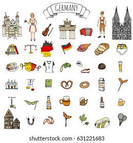 Hand drawn doodle set of Germany icons. Vector illustration set. Cartoon German landmark. Sketchy Europe travel elements collection: Sausage, Beer, Wheat bread, football, tennis, classic music, castle