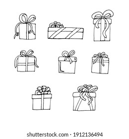 hand drawn doodle set of gift boxes. vector arts for gift cards. black outline on a white background.