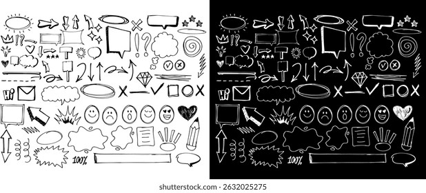 Hand drawn doodle set graffiti elements. Simple sketch line style elements. Doodle arrow, heart, star, clouds, sparkle decoration symbol, icon set, speech bubbles. Vector illustration.