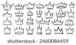 Hand drawn doodle set of grunge crayon, charcoal, chalk crown isolated icon. Scribble line sketches of king crown, majestic tiara, queen royal diadem vector. Graffiti royal coronation luxury symbol