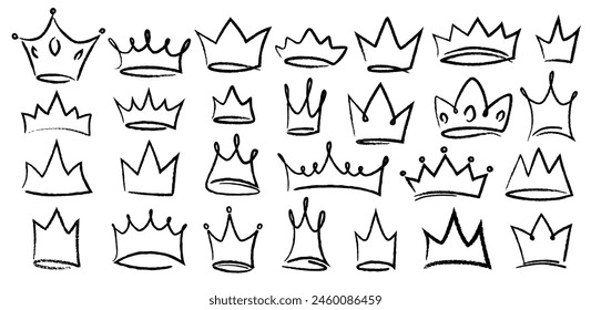 Hand drawn doodle set of grunge crayon, charcoal, chalk crown isolated icon. Scribble line sketches of king crown, majestic tiara, queen royal diadem vector. Graffiti royal coronation luxury symbol