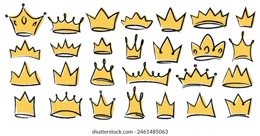 Hand drawn doodle set of grunge crayon, charcoal, chalk crown isolated icon. Scribble line sketches of king crown, majestic tiara, queen royal diadem vector. Graffiti royal coronation luxury symbol