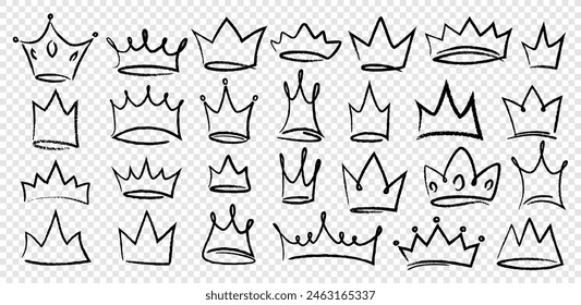 Hand drawn doodle set of grunge crayon, charcoal, chalk crown isolated icon. Scribble line sketches of king crown, majestic tiara, queen royal diadem vector. Graffiti royal coronation luxury symbol