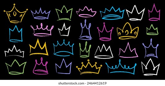 Hand drawn doodle set of grunge crayon, charcoal, chalk crown isolated icon. Scribble line sketches of king crown, majestic tiara, queen royal diadem vector. Graffiti royal coronation luxury symbol