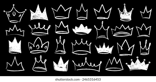 Hand drawn doodle set of grunge crayon, charcoal, chalk crown isolated icon. Scribble line sketches of king crown, majestic tiara, queen royal diadem vector. Graffiti royal coronation luxury symbol