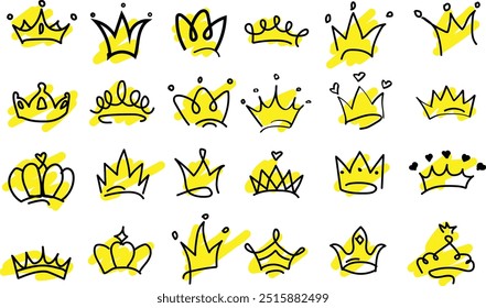 Dibujado a mano doodle conjunto de grunge crayón, carbón de leña, corona de tiza aislado icono. Bocetos de línea de garabatos de la corona del rey, tiara majestuosa, Vector de la diadema real de la reina.