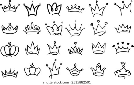 Hand drawn doodle set of grunge crayon, charcoal, chalk crown isolated icon. Scribble line sketches of king crown, majestic tiara, queen royal diadem vector.