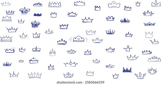 Hand drawn doodle set of grunge crayon, charcoal, chalk crown isolated icon