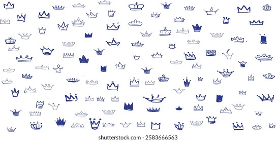 Hand drawn doodle set of grunge crayon, charcoal, chalk crown isolated icon