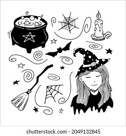 Hand drawn doodle set with halloween cliparts. Vector cute magic illustration with witch girl, spider web, candle, pot and broom. Black and white doodle collection. Outline.