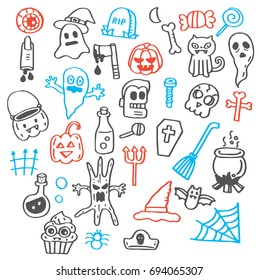 Hand drawn doodle set of Halloween objects.