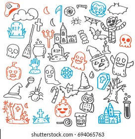 Hand drawn doodle set of Halloween objects.