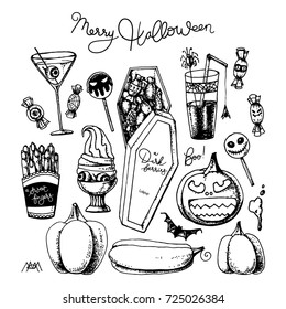 Hand drawn doodle set of a Halloween vector items, objects, related products and lettering