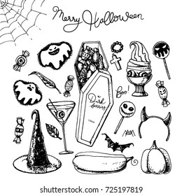 Hand drawn doodle set of a Halloween vector items, objects, related products and lettering