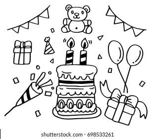 Hand drawn doodle set of Happy Birthday objects
