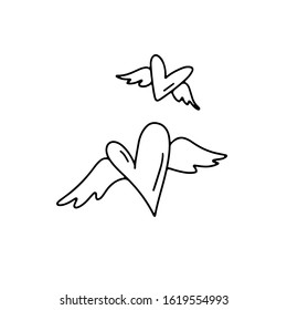 Hand drawn doodle set heart with wings  isolated on white background. Line art vector design.Template for stickers, greeting scrapbooking, congratulations, invitations, wedding, tattoo