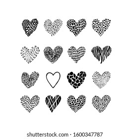 Hand drawn doodle set with hearts with different fill. Decoration elements for Valentine's Day, postcards.  Heart shape objects with lines, dots, spots and other ornaments. Love theme collection