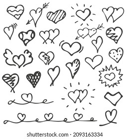 Hand drawn doodle set hearts. Simple elements isolated on white background. Vector illustration