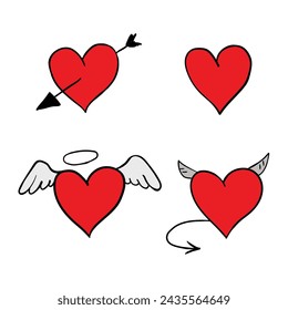 Conjunto de doodle dibujado a mano de corazones aislados sobre fondo blanco. Ángel, Diablo, Amor. Ilustración vectorial.