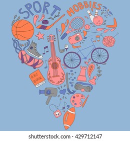 Hand drawn doodle set of hobbies and sport things. drawn in the shape of a heart. Airy Blue background
