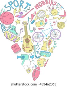 Hand drawn doodle set of hobbies and sport things. drawn in the shape of a heart. No background