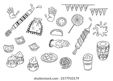 Hand drawn doodle set with Holi festival elements like pichkaris, powder bowls, sweets, dhol, banners, and handprints, symbolizing festive joy and cultural celebration. Vector line art composition