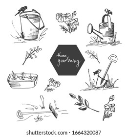 Conjunto de doodles dibujados a mano de plantas y herramientas de jardinería doméstica