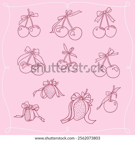 Hand drawn doodle set with icons in the form of strawberries and cherries with coquette bows. Vector linear illustrations