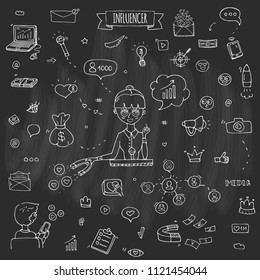 Hand drawn doodle set of Influencer icons. Vector illustration set. Cartoon marketing symbols. Sketchy elements collection: laptop, network, mail, followers, people, money, magnet, blogger, leader