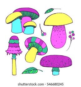 Hand drawn doodle set with ink mushrooms 